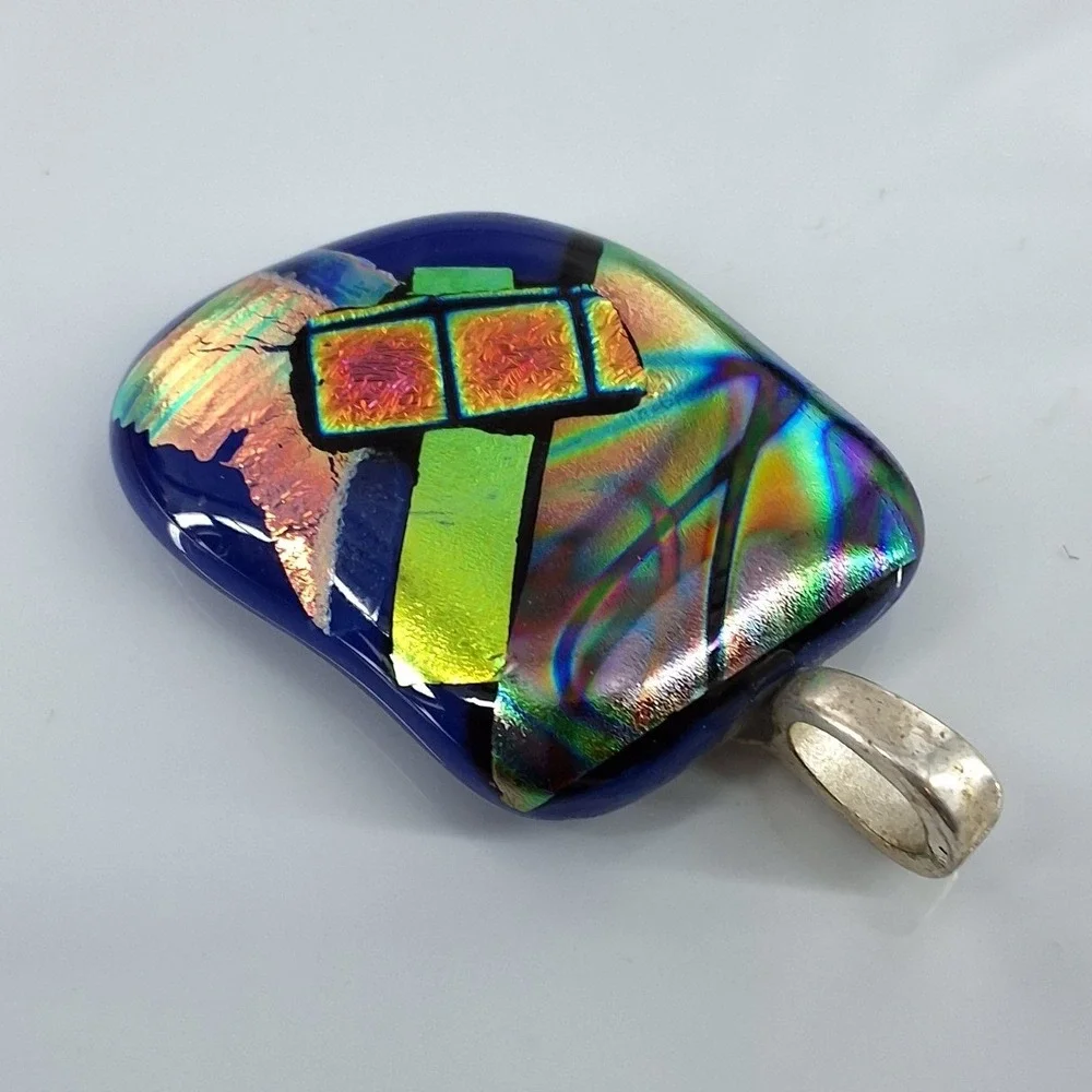 Artisan Dichroic Fused Glass Pendant Iridescent‎ Cobalt Blue Geometric Jewelry